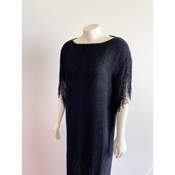 Panache Dress Maxi Hand Woven Dream Weaver Knit Fringe Black Medium Vintage - Picture 6 of 16